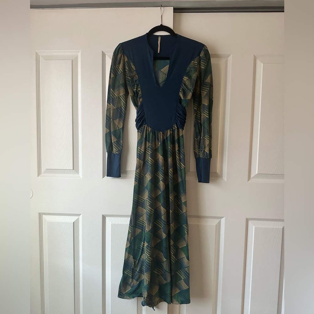Medium Vintage-Inspired Teal & Gold Patterned Women's Dress